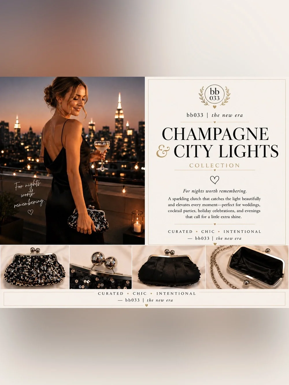 Black Sequin Clutch Evening Bag | Champagne & City Lights Collection - Picture 1 of 8